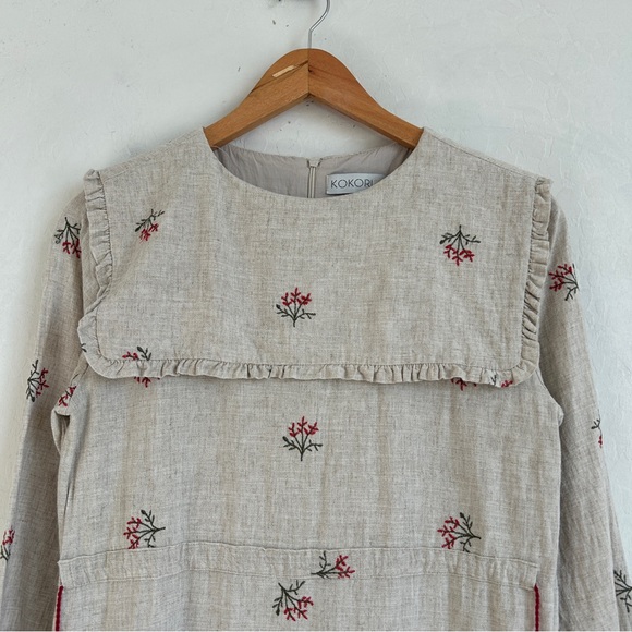 Kokori Dress Girls 16 Tiered Linen Ruffle Floral Embroidered Oatmeal Beige - Picture 2 of 14